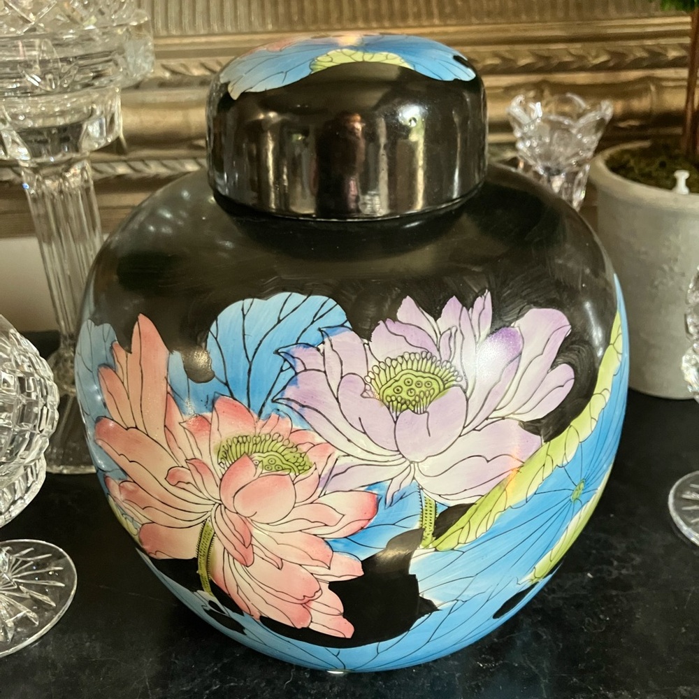 Black Vase with Pastel Floral Design